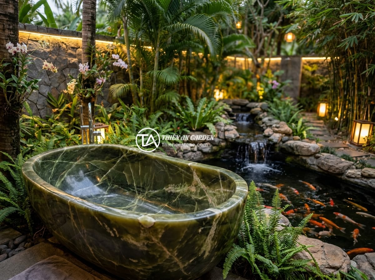 Bồn Tắm Đá Tự Nhiên Là Gì? Ưu Nhược Điểm Và Ứng Dụng Thực Tế 2026 - An outdoor natural stone bathtub set in a beautifully landscaped tropical garden
