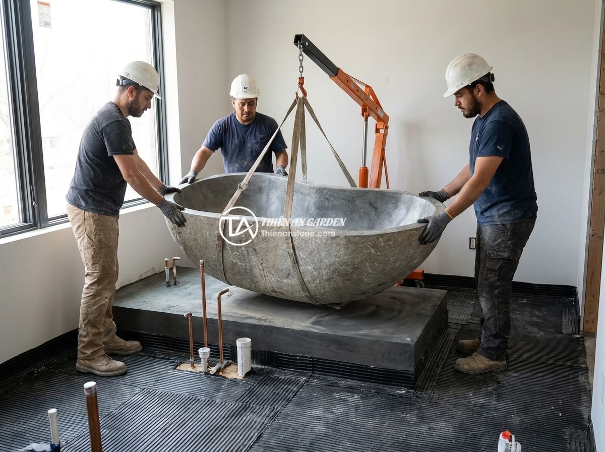 Bồn Tắm Đá Tự Nhiên Là Gì? Ưu Nhược Điểm Và Ứng Dụng Thực Tế 2026 - Professional installation team carefully positioning a heavy natural granite bat