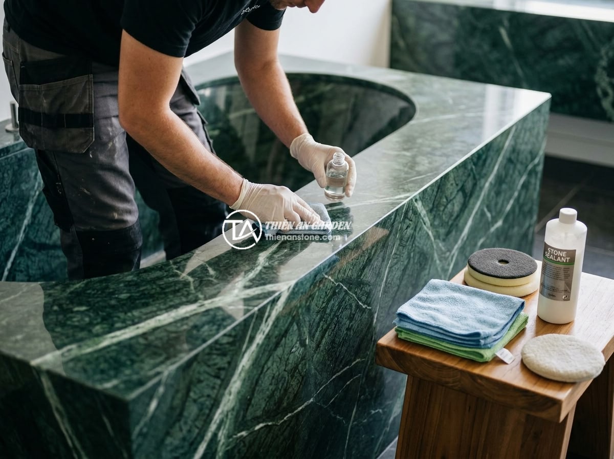 Bồn Tắm Đá Tự Nhiên Là Gì? Ưu Nhược Điểm Và Ứng Dụng Thực Tế 2026 - A maintenance professional applying stone sealant coating on a polished natural 