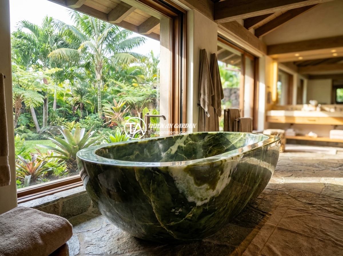 Bồn Tắm Nằm Đá Nhân Tạo Hay Đá Tự Nhiên: Kinh Nghiệm Chọn Mua - Luxury bathroom with a natural stone bathtub carved from a single marble block,