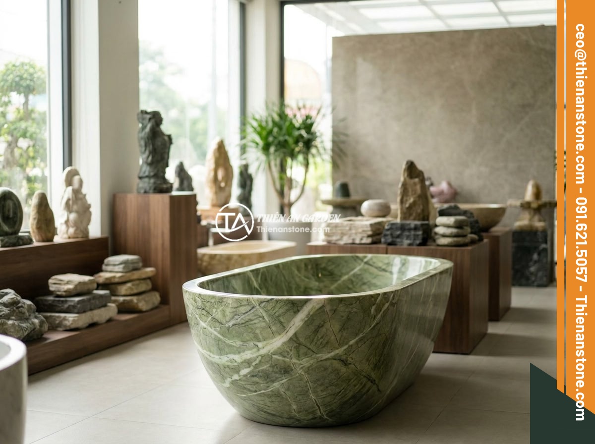 Bồn Tắm Nằm Đá Nhân Tạo Hay Đá Tự Nhiên: Kinh Nghiệm Chọn Mua - Showroom of Da Canh Thien An displaying various natural stone bathtubs, stone sc