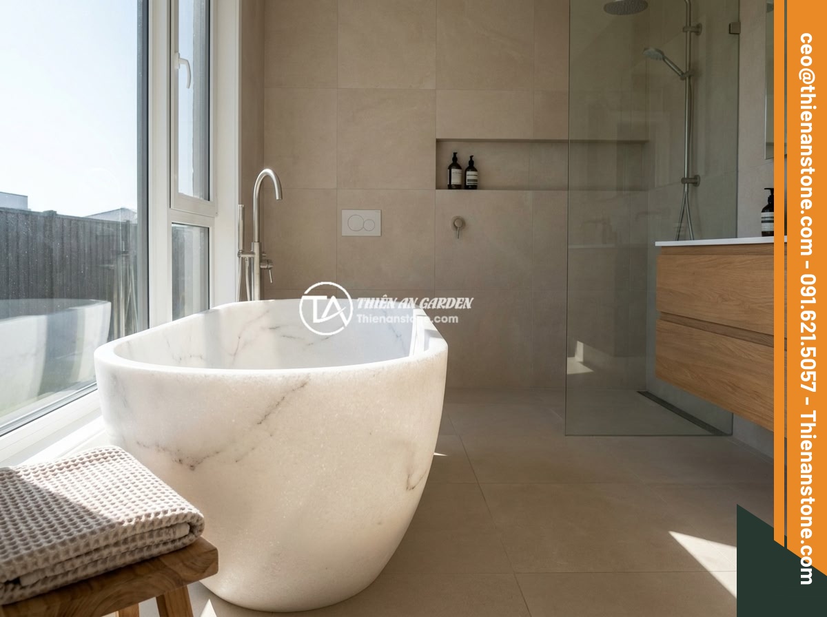 Bồn Tắm Nằm Đá Nhân Tạo Hay Đá Tự Nhiên: Kinh Nghiệm Chọn Mua - An artificial stone bathtub in white color with subtle marble-like veins, instal