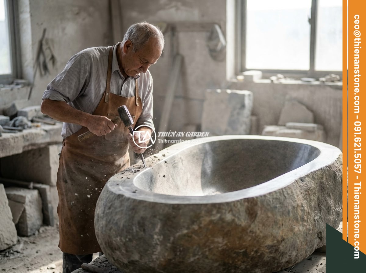 Bồn Tắm Nằm Đá Nhân Tạo Hay Đá Tự Nhiên: Kinh Nghiệm Chọn Mua - A master craftsman hand-carving a large natural granite bathtub in a stone works