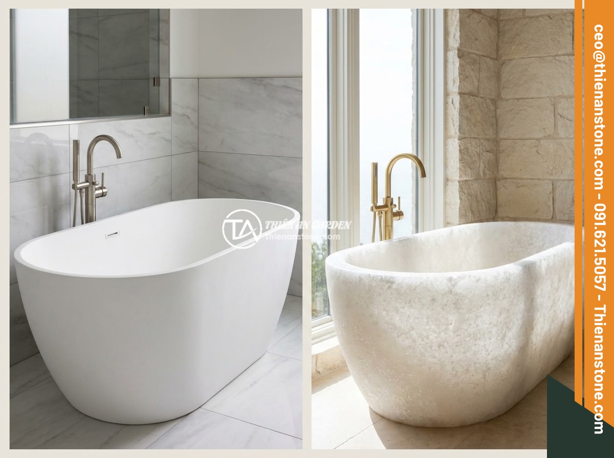 Bồn Tắm Nằm Đá Nhân Tạo Hay Đá Tự Nhiên: Kinh Nghiệm Chọn Mua - Side-by-side comparison of an artificial stone bathtub and a natural stone batht