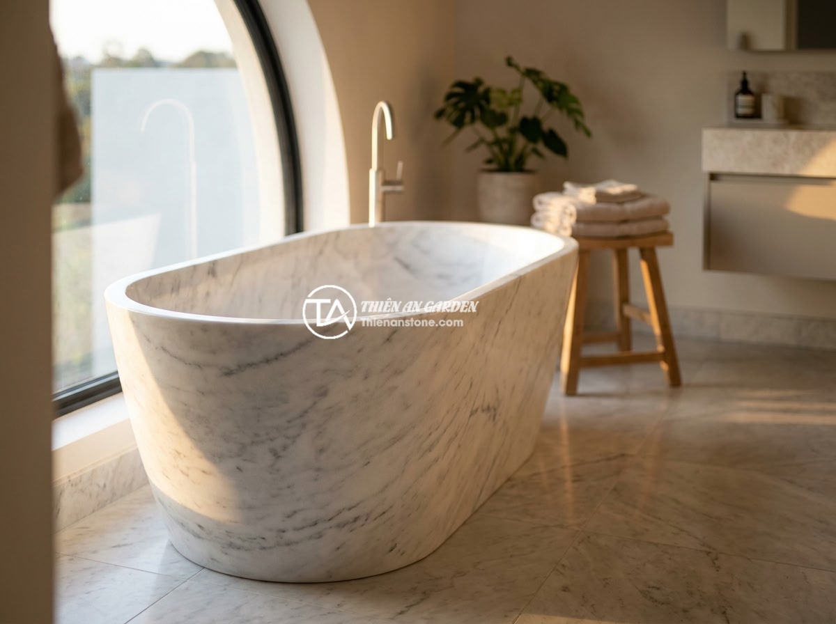 Cách Bảo Dưỡng Bồn Tắm Đá Tự Nhiên Đúng Cách Để Bền Đẹp Lâu Dài - A luxurious natural stone bathtub made of white marble placed in an elegant mode