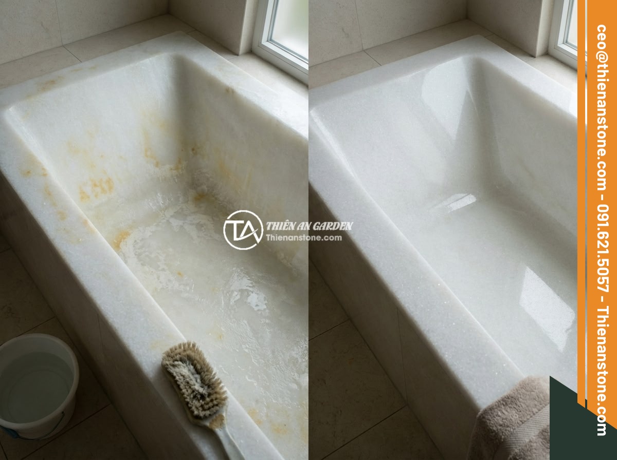 Cách Bảo Dưỡng Bồn Tắm Đá Tự Nhiên Đúng Cách Để Bền Đẹp Lâu Dài - Hình 6 Cách Bảo Dưỡng Bồn Tắm Đá Tự Nhiên Đúng Cách Để Bền Đẹp Lâu Dài - Before and after comparison of a natural stone bathtub showing stain removal pro
