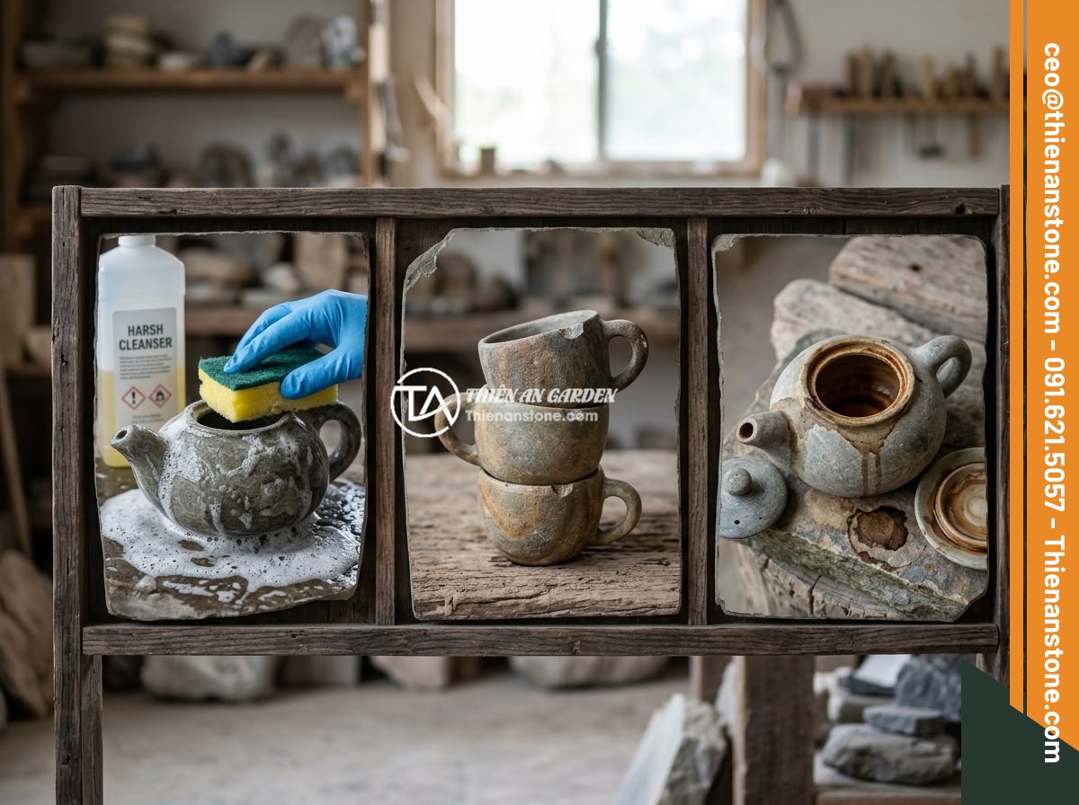 Cách bảo quản bộ ấm chén bằng đá bền đẹp: 7 mẹo đơn giản hiệu quả - A collection of common mistakes illustrated: a stone teapot being cleaned with h