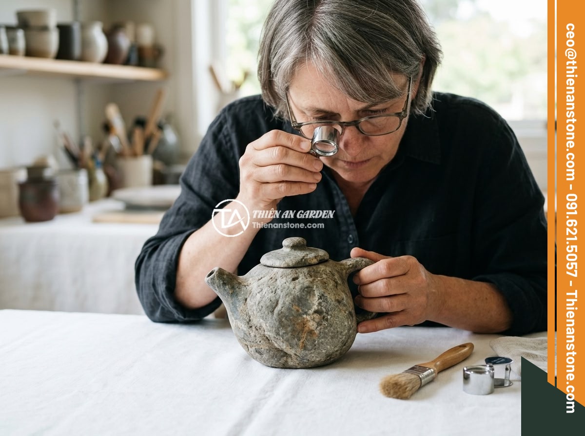 Cách bảo quản bộ ấm chén bằng đá bền đẹp: 7 mẹo đơn giản hiệu quả - A person carefully inspecting a natural stone teapot under bright light, looking