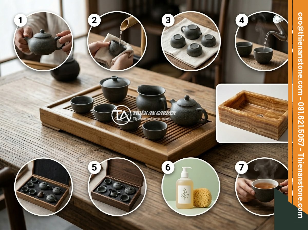 Cách bảo quản bộ ấm chén bằng đá bền đẹp: 7 mẹo đơn giản hiệu quả - A beautifully organized infographic-style layout showing 7 stone tea set care ti