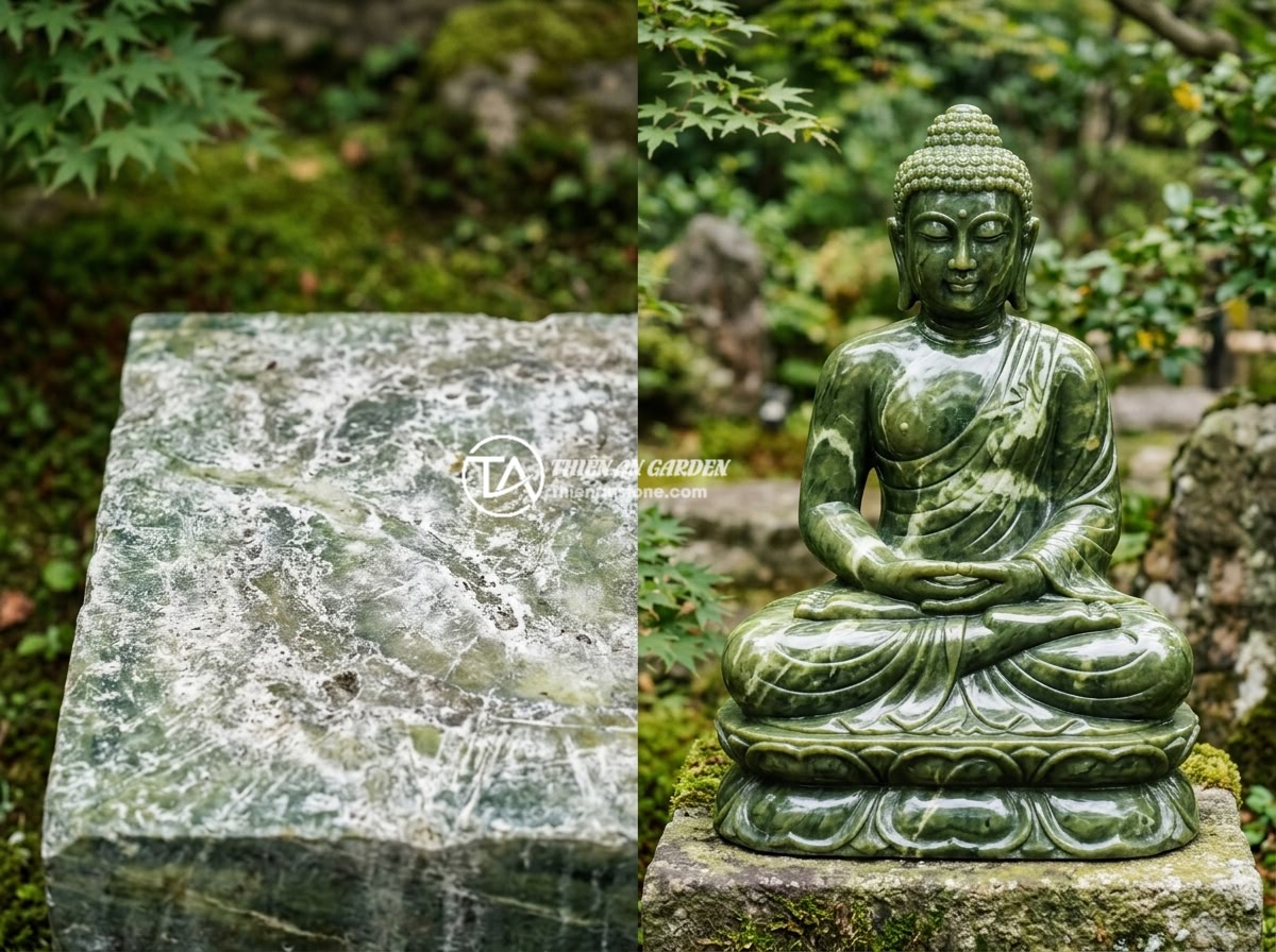 Cách Bảo Quản Tiểu Cảnh Tượng Phật Đá Tự Nhiên Bền Đẹp Lâu Dài - Comparison image showing damage caused by improper cleaning methods on stone sur