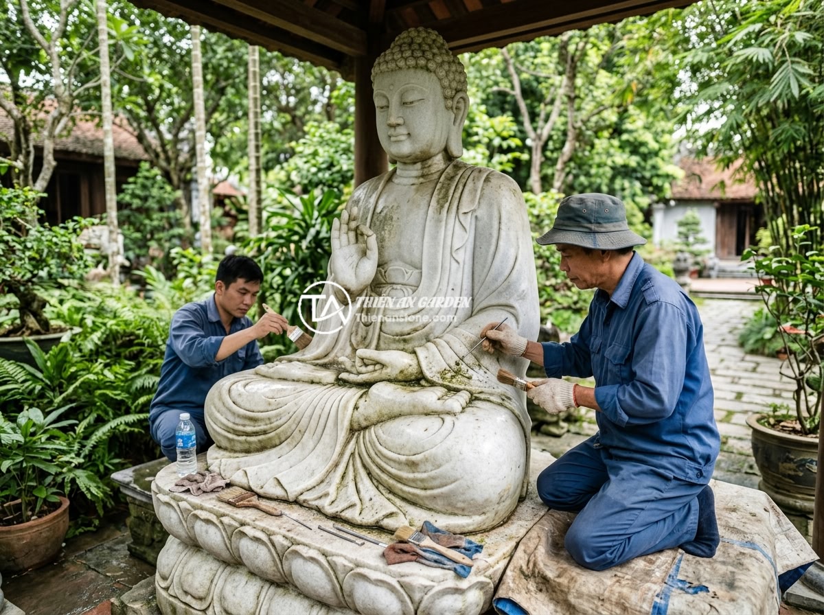 Cách Bảo Quản Tiểu Cảnh Tượng Phật Đá Tự Nhiên Bền Đẹp Lâu Dài - Professional stone craftsmen from a Vietnamese stone company carefully maintaini