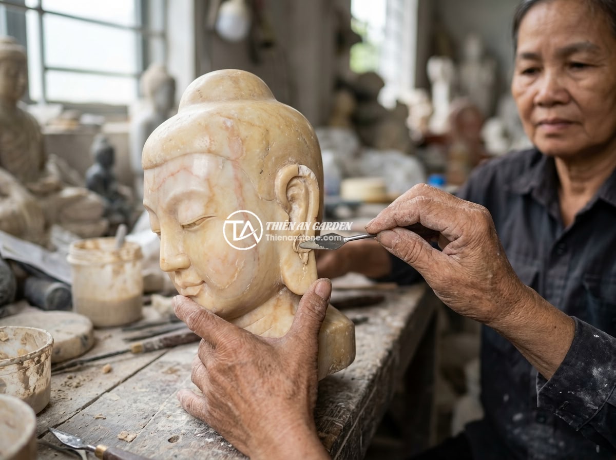Cách Bảo Quản Tiểu Cảnh Tượng Phật Đá Tự Nhiên Bền Đẹp Lâu Dài - Close-up of a stone restorer carefully repairing a small chip on a natural stone