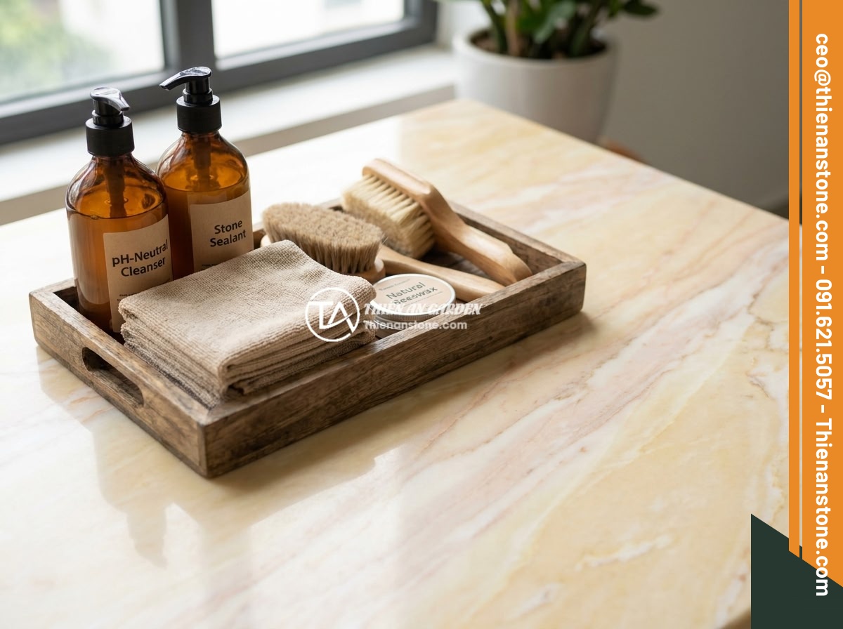 Cách bảo quản và vệ sinh đôn đá tự nhiên luôn sáng bóng, bền màu - A neatly organized collection of natural stone care products including pH-neutra