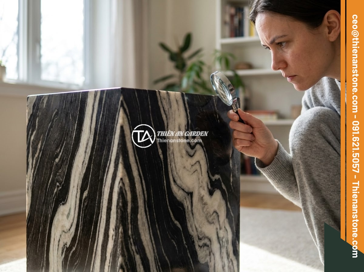 Cách bảo quản và vệ sinh đôn đá tự nhiên luôn sáng bóng, bền màu - Frequently asked questions about natural stone pedestal care, showing a homeowne