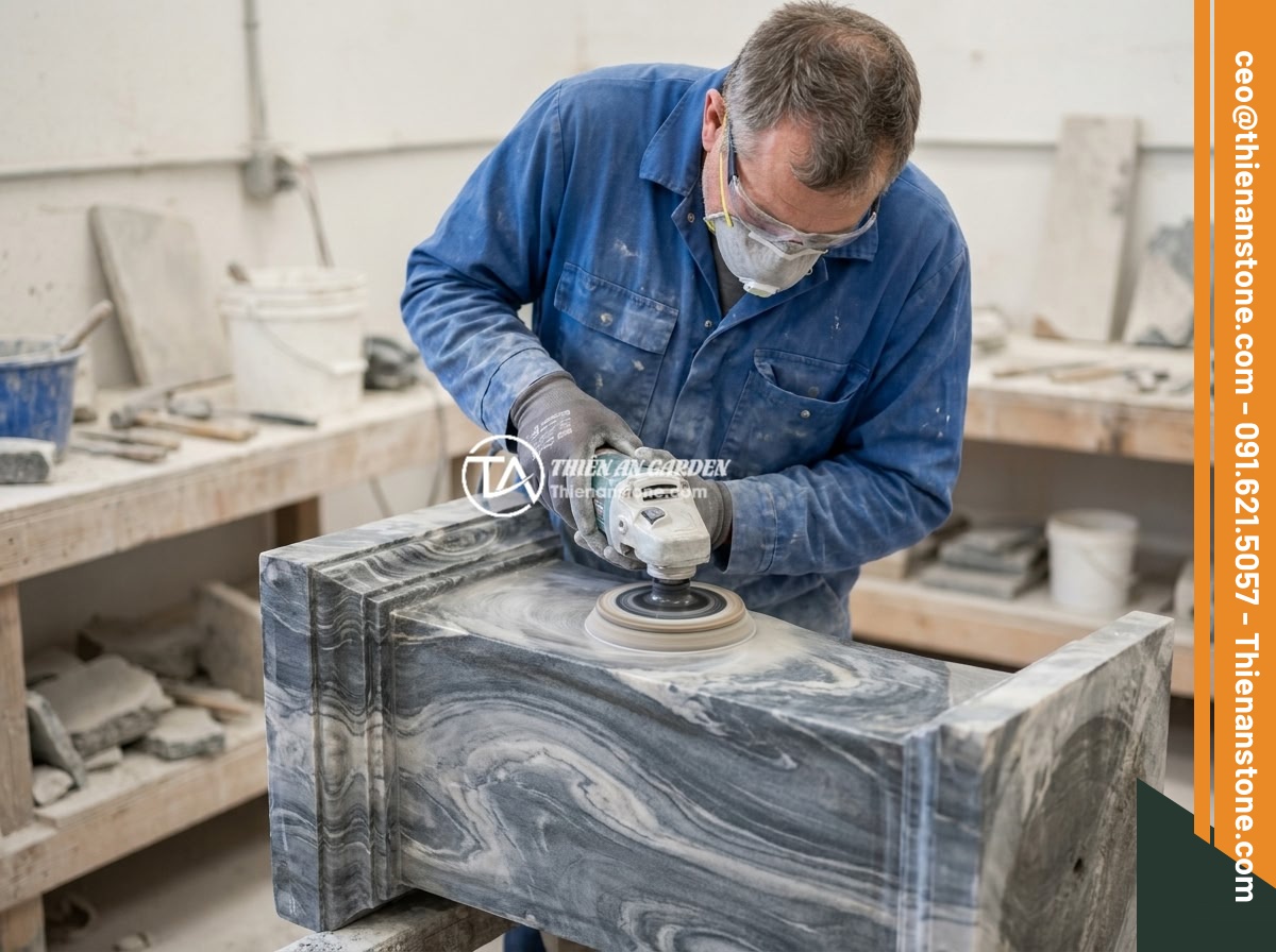 Cách bảo quản và vệ sinh đôn đá tự nhiên luôn sáng bóng, bền màu - A professional stone restoration expert carefully polishing and restoring a vint