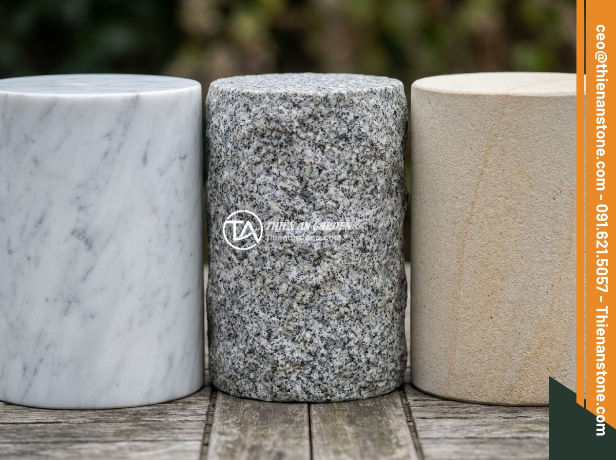 Cách bảo quản và vệ sinh đôn đá tự nhiên luôn sáng bóng, bền màu - Close-up comparison of three types of natural stone pedestals - marble, granite,