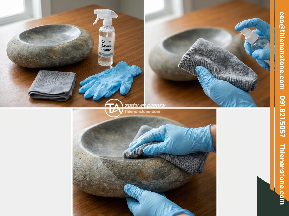 Cách bảo quản và vệ sinh đôn đá tự nhiên luôn sáng bóng, bền màu - Step-by-step cleaning process of a natural stone pedestal, showing hands wearing
