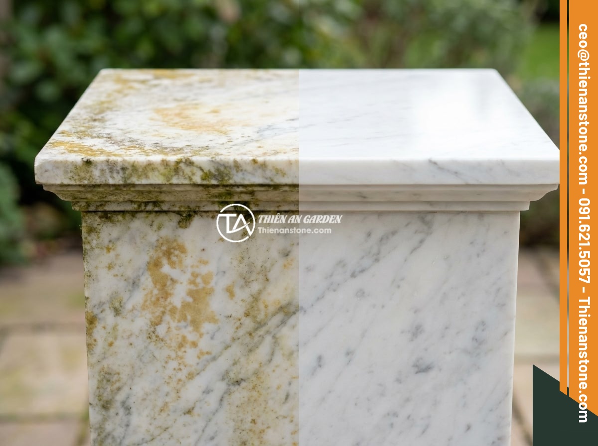 Cách bảo quản và vệ sinh đôn đá tự nhiên luôn sáng bóng, bền màu - Before and after comparison of a natural stone pedestal showing stain removal re