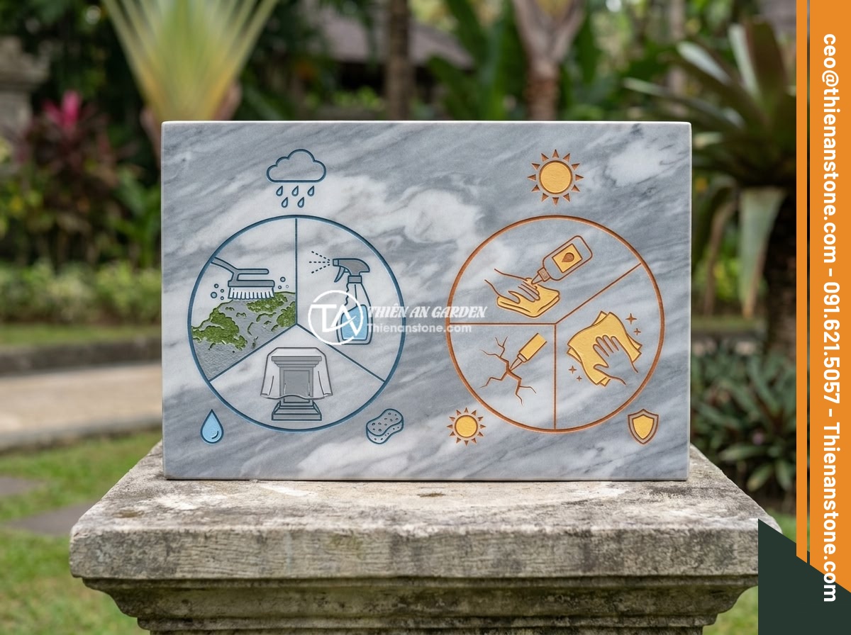 Cách bảo quản và vệ sinh đôn đá tự nhiên luôn sáng bóng, bền màu - Seasonal stone pedestal maintenance calendar infographic showing different care 