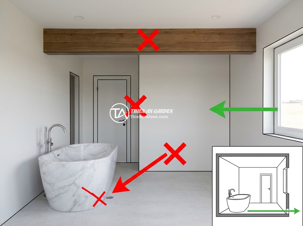 Cách Chọn Bồn Tắm Đá Tự Nhiên Chuẩn Phong Thủy Cho Nhà Ở - Hình 10 Cách Chọn Bồn Tắm Đá Tự Nhiên Chuẩn Phong Thủy Cho Nhà Ở - A cross-section diagram of a bathroom showing common Feng Shui mistakes with nat