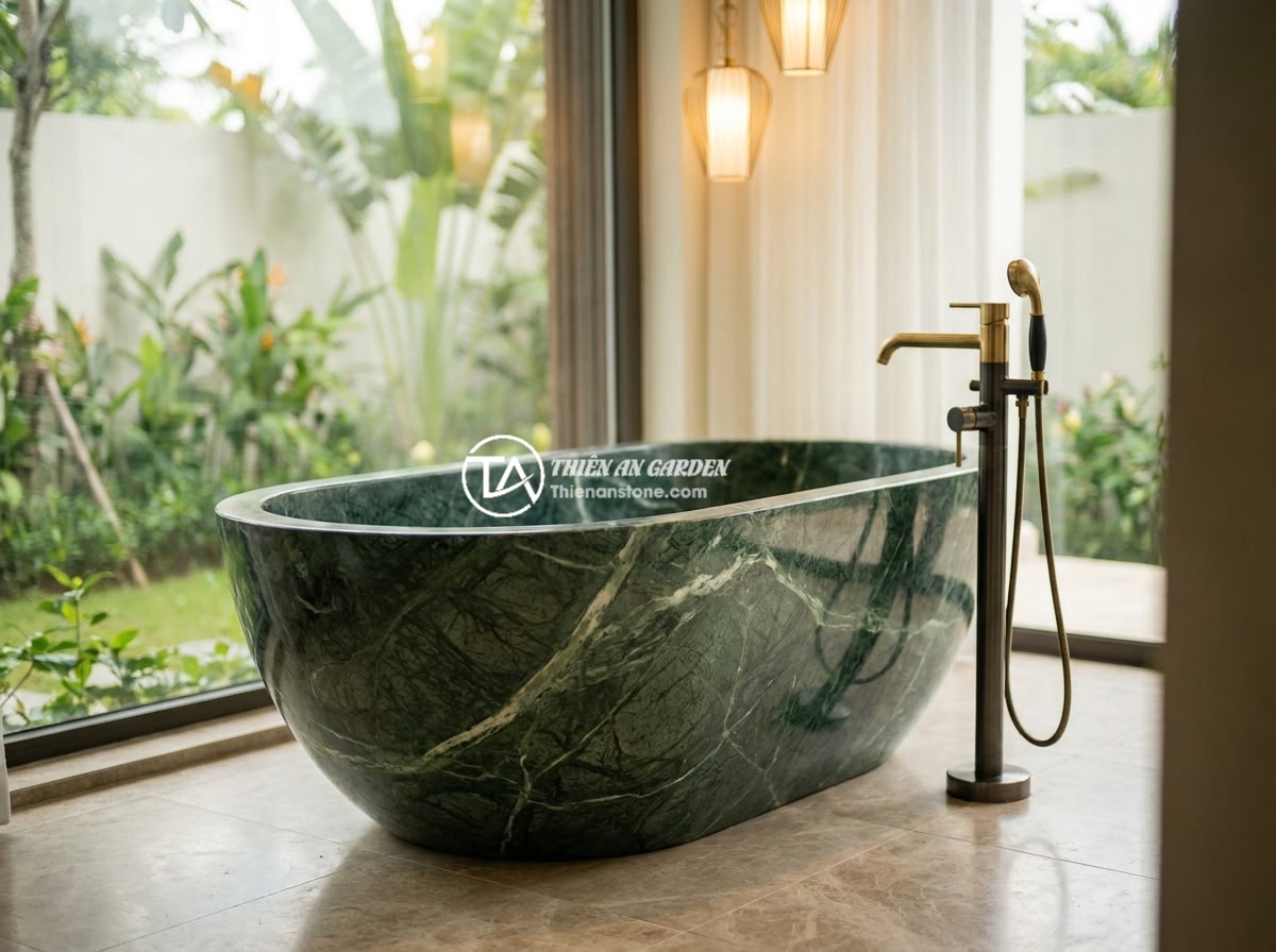 Cách Chọn Bồn Tắm Đá Tự Nhiên Chuẩn Phong Thủy Cho Nhà Ở - Hình 11 Cách Chọn Bồn Tắm Đá Tự Nhiên Chuẩn Phong Thủy Cho Nhà Ở - A luxurious master bathroom in a Vietnamese villa featuring a premium natural st