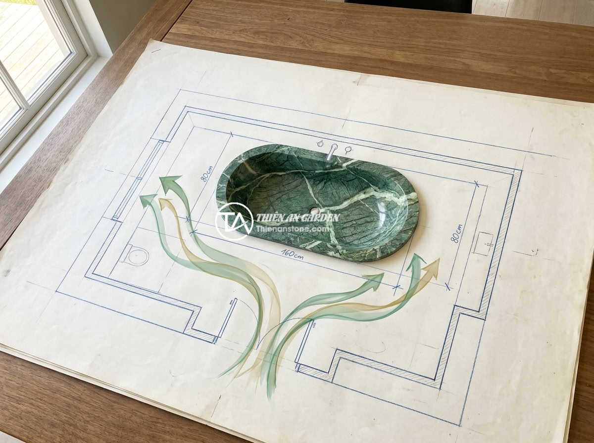 Cách Chọn Bồn Tắm Đá Tự Nhiên Chuẩn Phong Thủy Cho Nhà Ở - Hình 5 Cách Chọn Bồn Tắm Đá Tự Nhiên Chuẩn Phong Thủy Cho Nhà Ở - A top-down floor plan of a luxury bathroom showing ideal placement dimensions fo