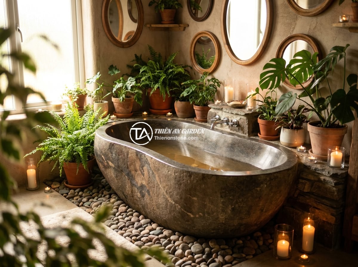 Cách Chọn Bồn Tắm Đá Tự Nhiên Chuẩn Phong Thủy Cho Nhà Ở - Hình 8 Cách Chọn Bồn Tắm Đá Tự Nhiên Chuẩn Phong Thủy Cho Nhà Ở - A beautifully decorated bathroom with a natural stone bathtub as the centerpiece
