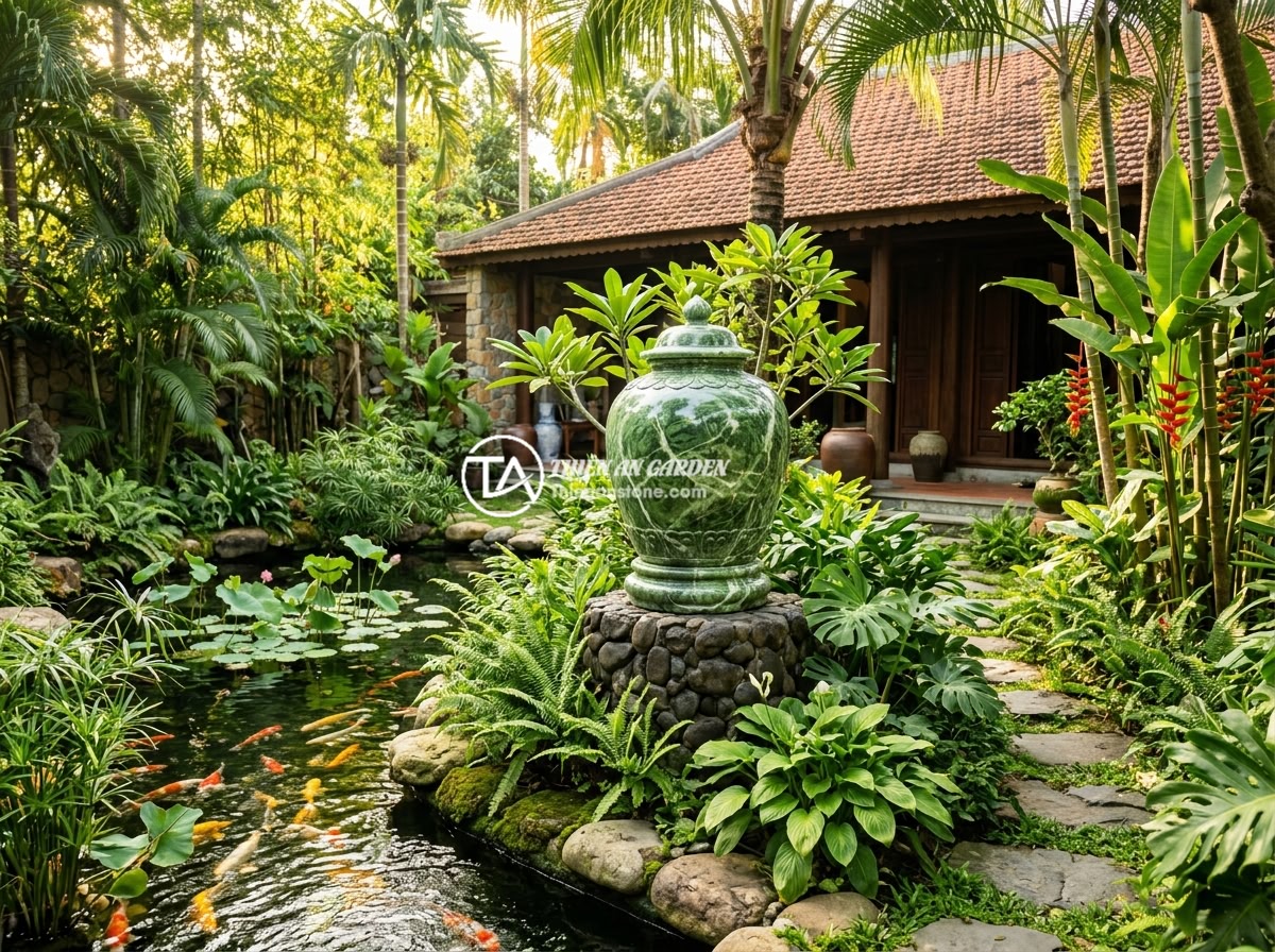 Cách chọn chum đá phong thủy đẹp và hợp phong thủy cho biệt thự sân vườn - A luxurious Vietnamese villa garden with a large natural stone feng shui jar pla