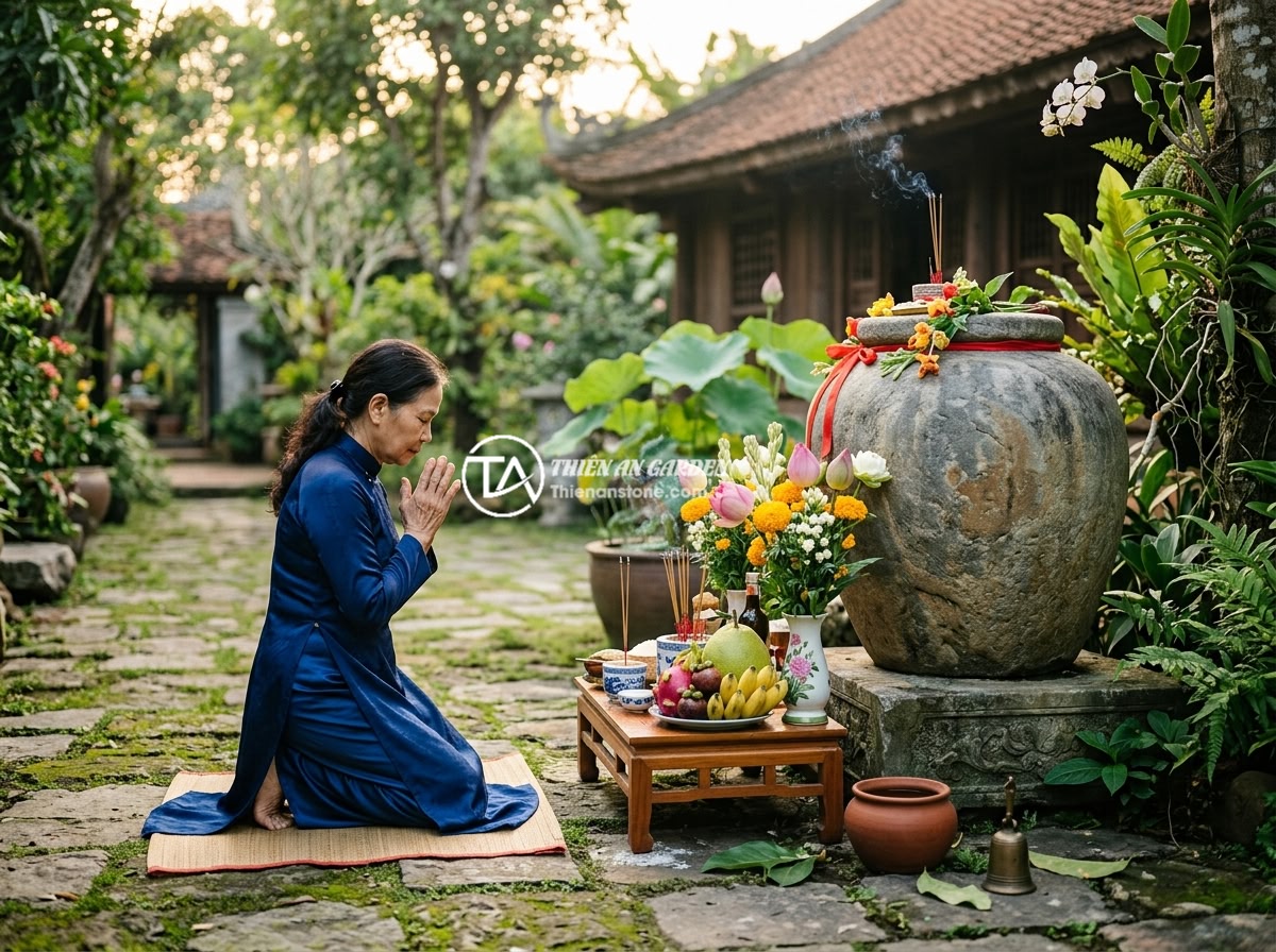 Cách chọn chum đá phong thủy đẹp và hợp phong thủy cho biệt thự sân vườn - A traditional Vietnamese feng shui ceremony for consecrating a large stone jar i