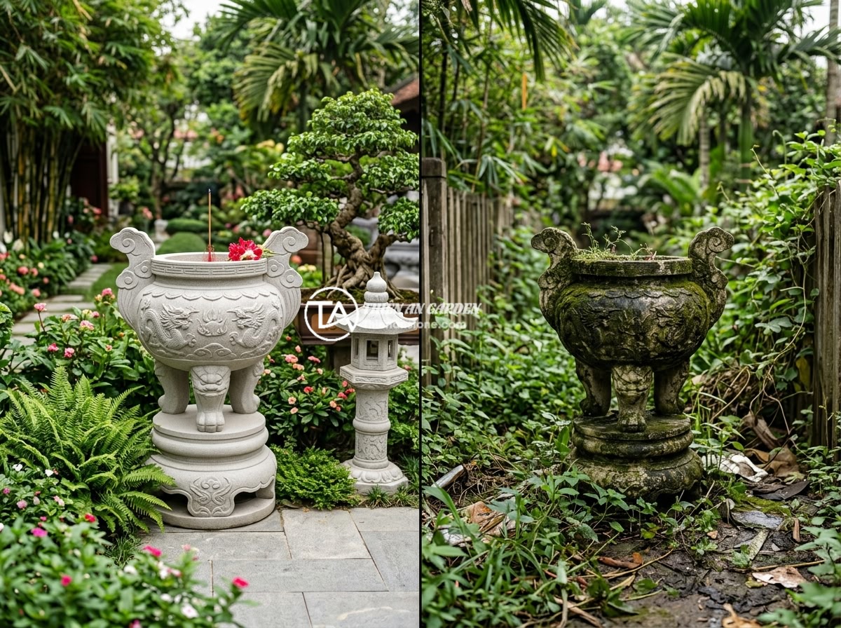 Cách chọn chum đá phong thủy đẹp và hợp phong thủy cho biệt thự sân vườn - A comparison image showing a well-maintained beautiful feng shui stone jar on th