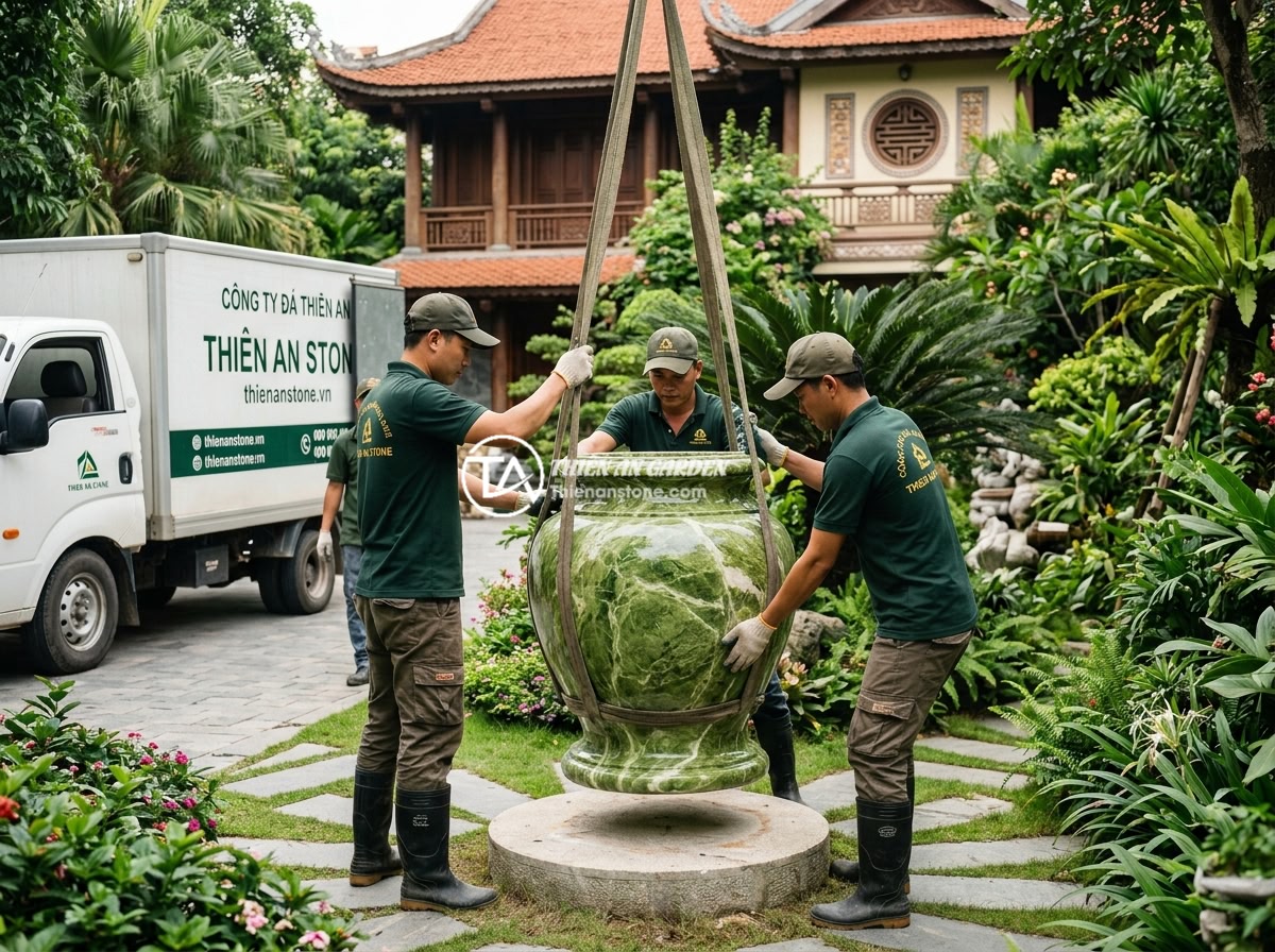 Cách chọn chum đá phong thủy đẹp và hợp phong thủy cho biệt thự sân vườn - Professional team from Thien An Stone company delivering and installing a large 
