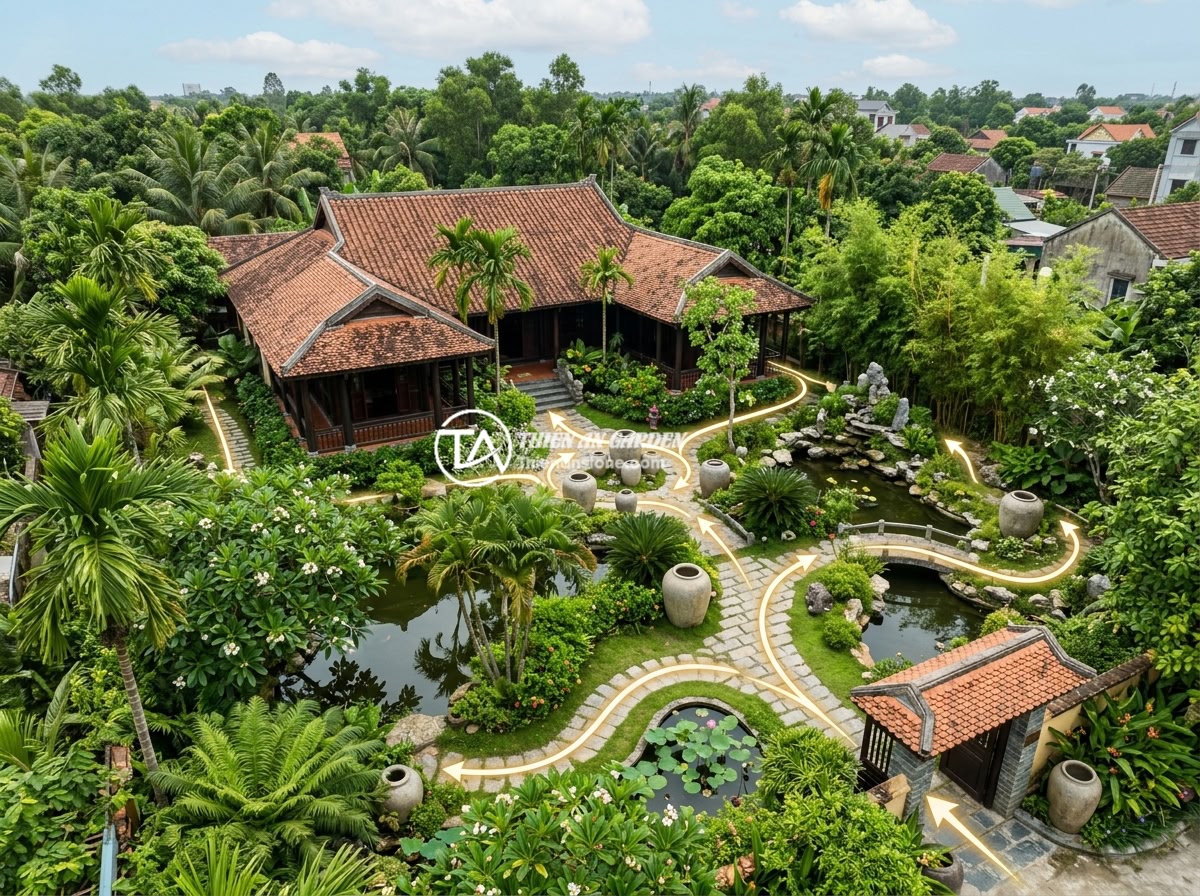 Cách chọn chum đá phong thủy đẹp và hợp phong thủy cho biệt thự sân vườn - Aerial view of a Vietnamese villa garden layout showing optimal feng shui placem