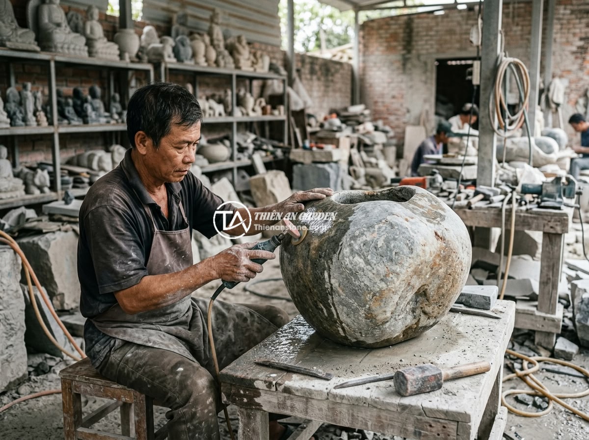 Cách chọn chum đá phong thủy đẹp và hợp phong thủy cho biệt thự sân vườn - A craftsman carefully inspecting and polishing a large feng shui stone jar in a 