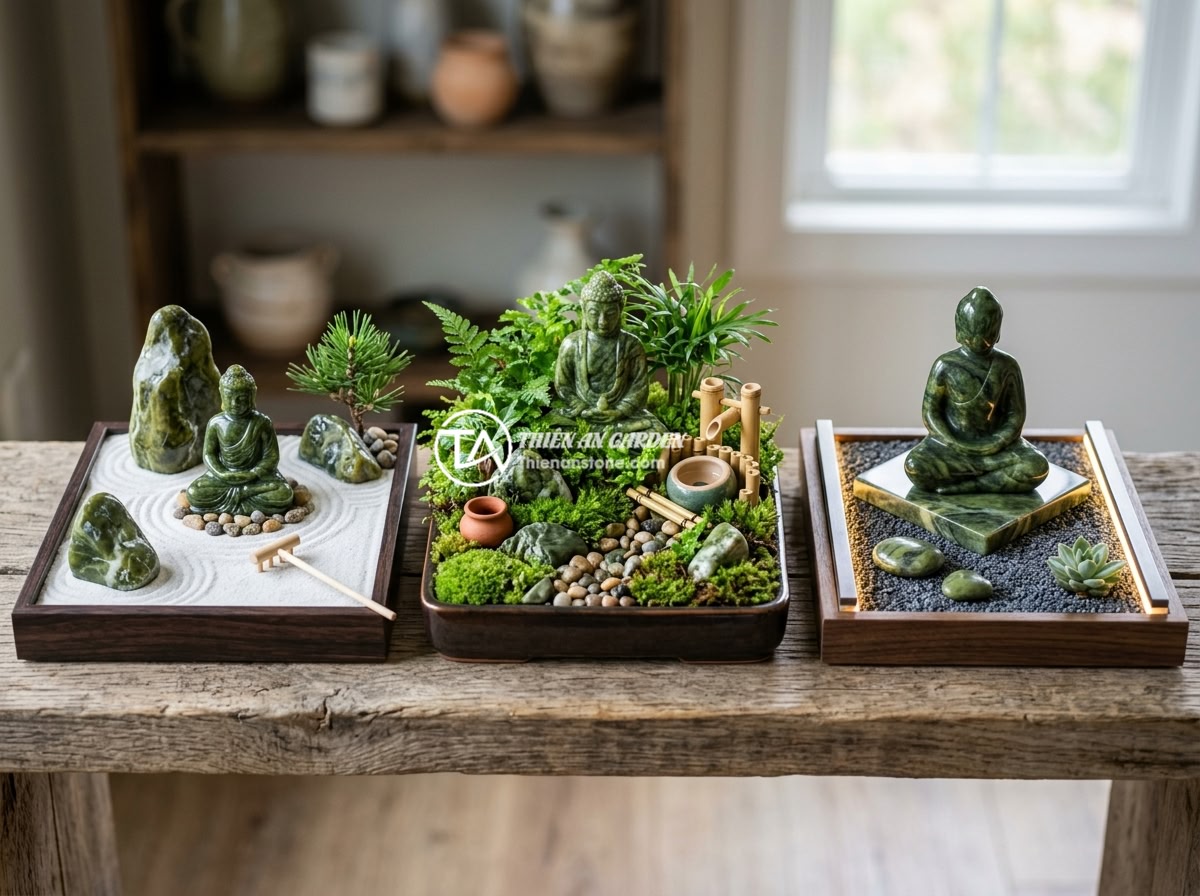 Cách Chọn Tượng Phật Mini Trang Trí Tiểu Cảnh Phù Hợp Phong Thủy - Three different miniature Buddha landscape designs side by side: Japanese Zen st