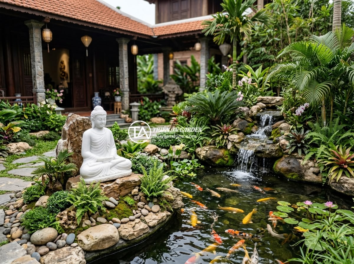 Cách Chọn Tượng Phật Mini Trang Trí Tiểu Cảnh Phù Hợp Phong Thủy - A luxurious Vietnamese villa garden featuring an elegant miniature Buddha landsc