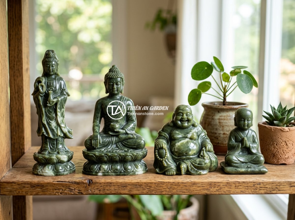 Cách Chọn Tượng Phật Mini Trang Trí Tiểu Cảnh Phù Hợp Phong Thủy - Various types of miniature Buddha statues carved from natural stone including Sh