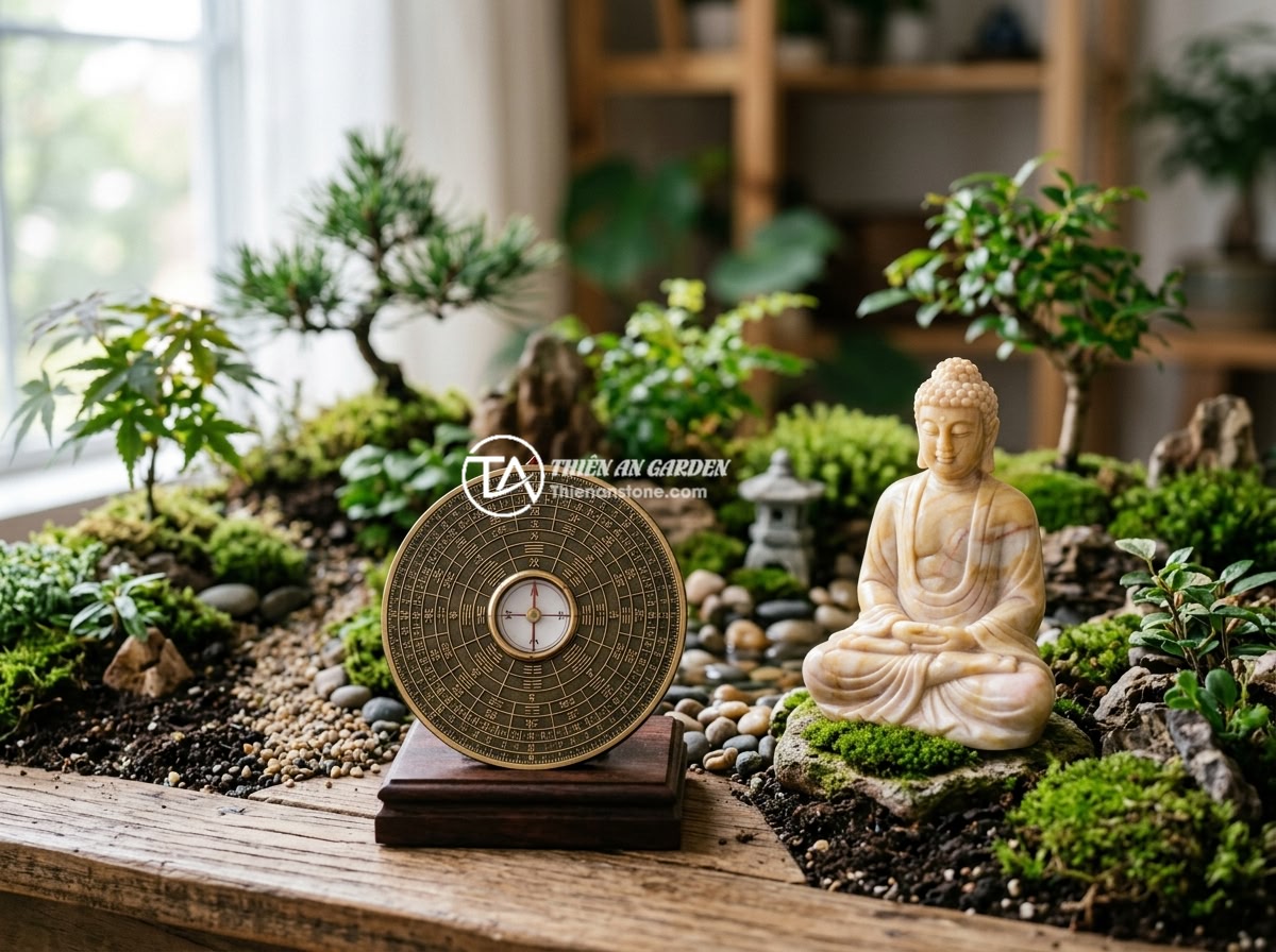 Cách Chọn Tượng Phật Mini Trang Trí Tiểu Cảnh Phù Hợp Phong Thủy - A feng shui compass placed beside a miniature stone Buddha statue in a well-desi