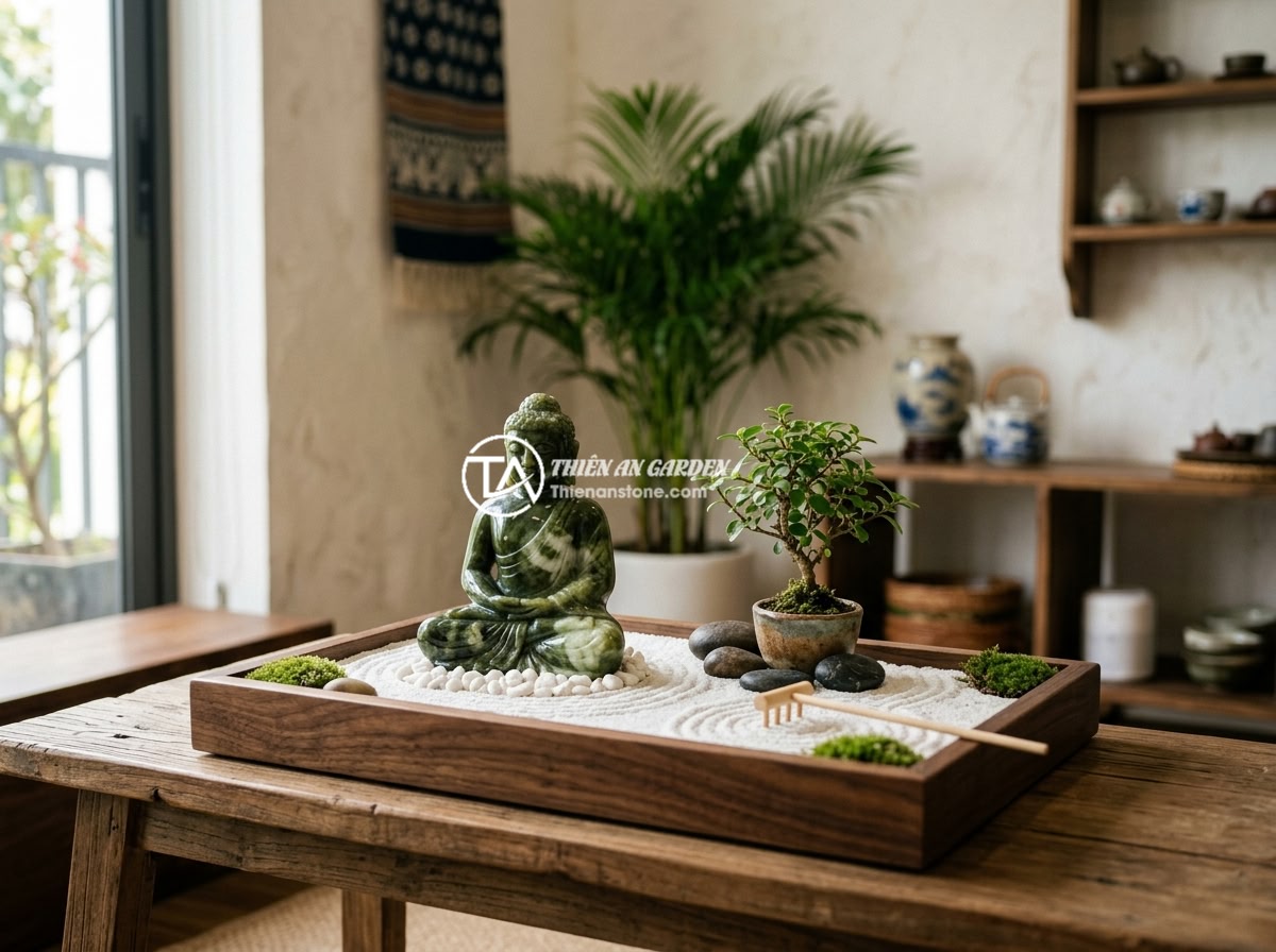 Cách Chọn Tượng Phật Mini Trang Trí Tiểu Cảnh Phù Hợp Phong Thủy - An indoor miniature zen garden with a small stone Buddha statue placed in a mode