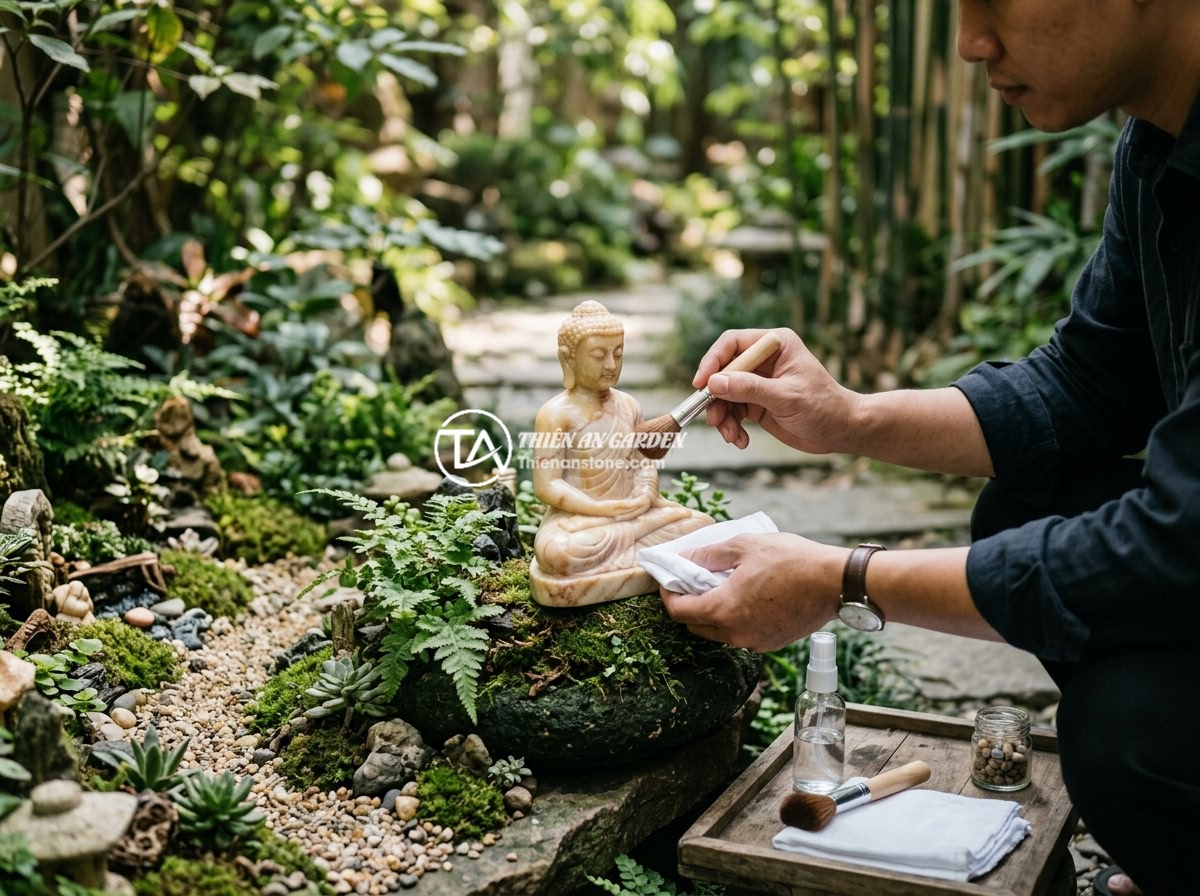 Cách Chọn Tượng Phật Mini Trang Trí Tiểu Cảnh Phù Hợp Phong Thủy - A person carefully cleaning a small natural stone Buddha statue in a garden mini
