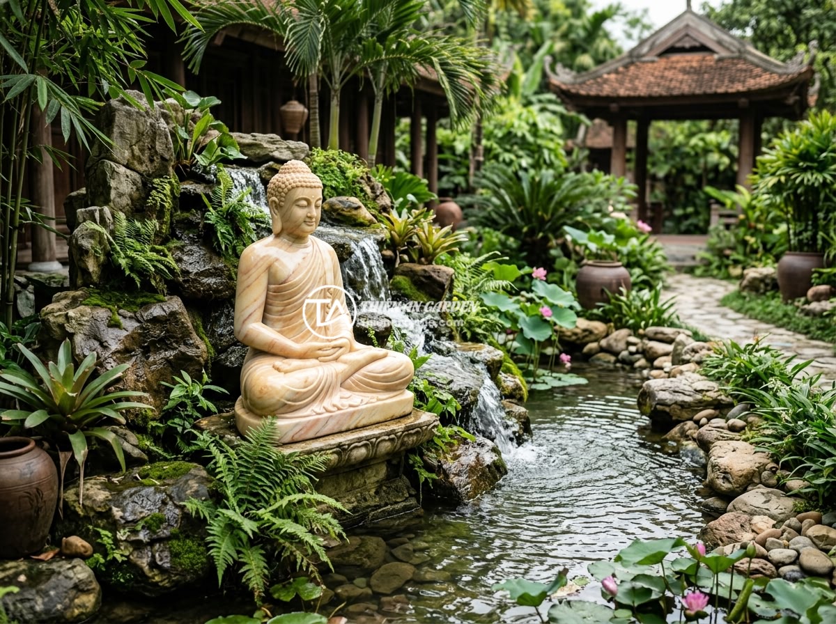 Cách Kết Hợp Tiểu Cảnh Tượng Phật Với Thác Nước Đá Tự Nhiên Đẹp Mắt - A serene Vietnamese garden scene featuring a stone Buddha statue surrounded by n
