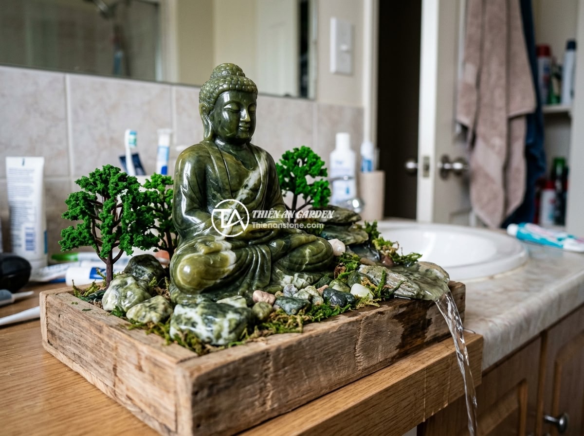 Cách Kết Hợp Tiểu Cảnh Tượng Phật Với Thác Nước Đá Tự Nhiên Đẹp Mắt - Common mistakes in Buddha miniature landscape design showing incorrect proportio