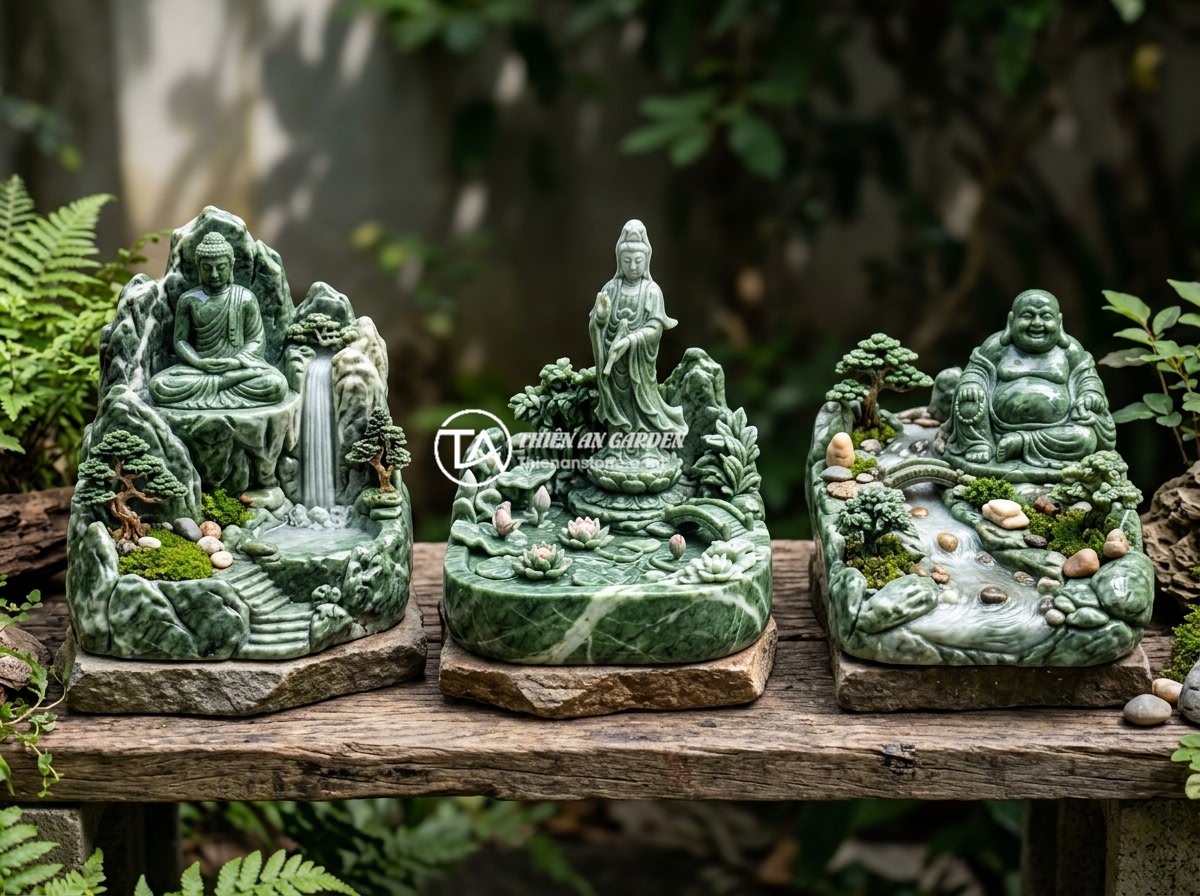 Cách Kết Hợp Tiểu Cảnh Tượng Phật Với Thác Nước Đá Tự Nhiên Đẹp Mắt - Three different Buddha miniature landscape designs side by side showing Meditati