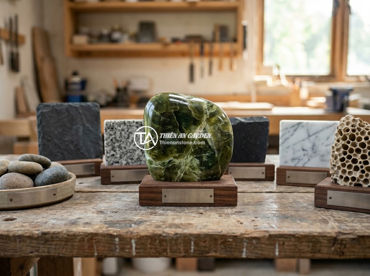Cách Kết Hợp Tiểu Cảnh Tượng Phật Với Thác Nước Đá Tự Nhiên Đẹp Mắt - A display of different natural stone types including river pebbles, slate, grani