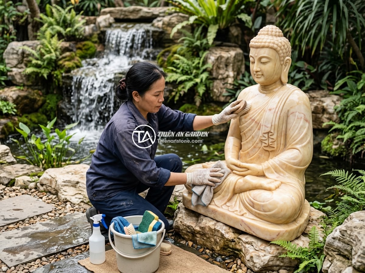 Cách Kết Hợp Tiểu Cảnh Tượng Phật Với Thác Nước Đá Tự Nhiên Đẹp Mắt - A gardener carefully cleaning and maintaining a Buddha statue and natural stone 