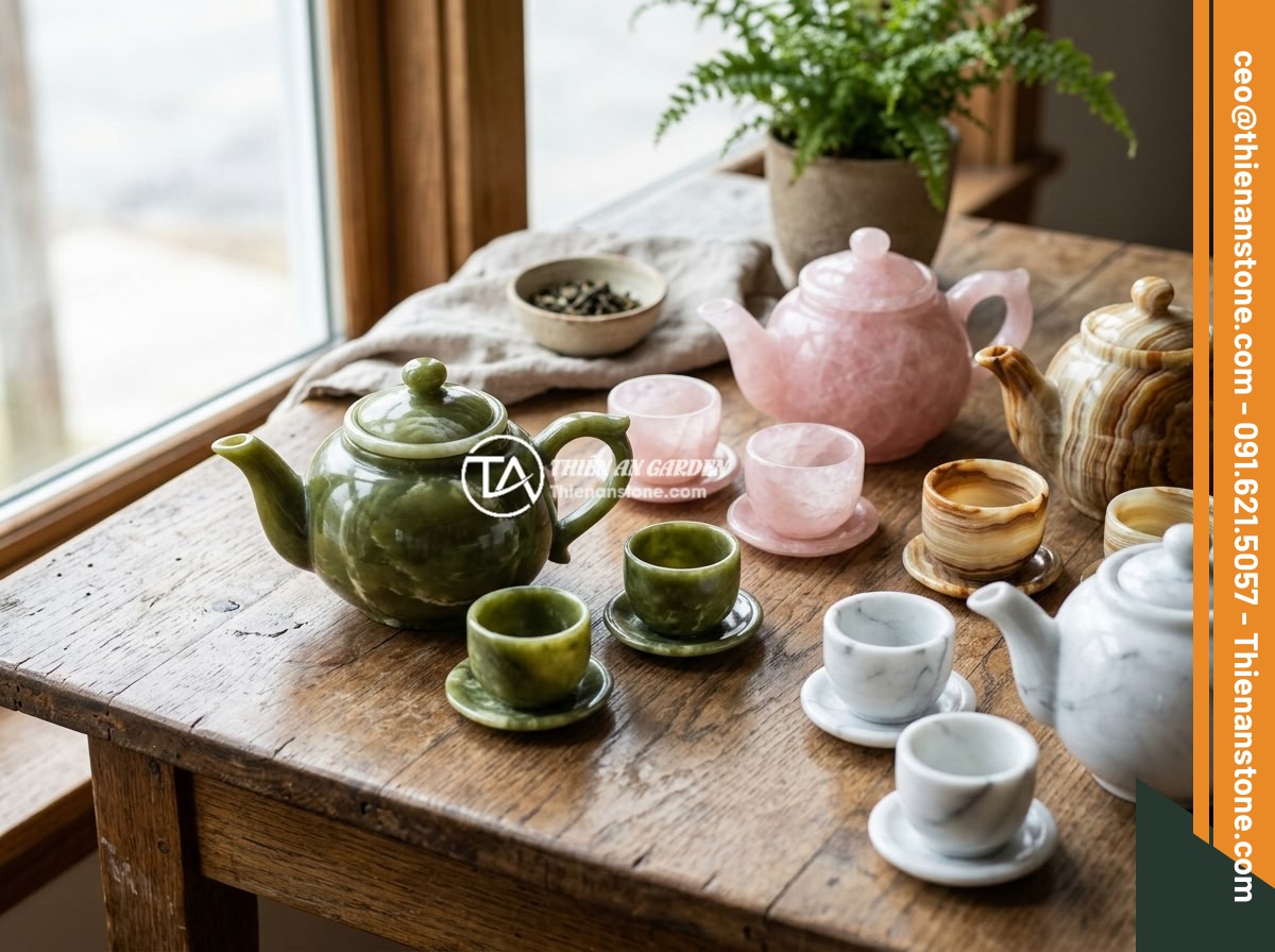 Cách phân biệt bộ ấm chén đá thật và hàng giả nhanh chóng tại nhà - An overview display of various natural stone tea sets including serpentine jade,