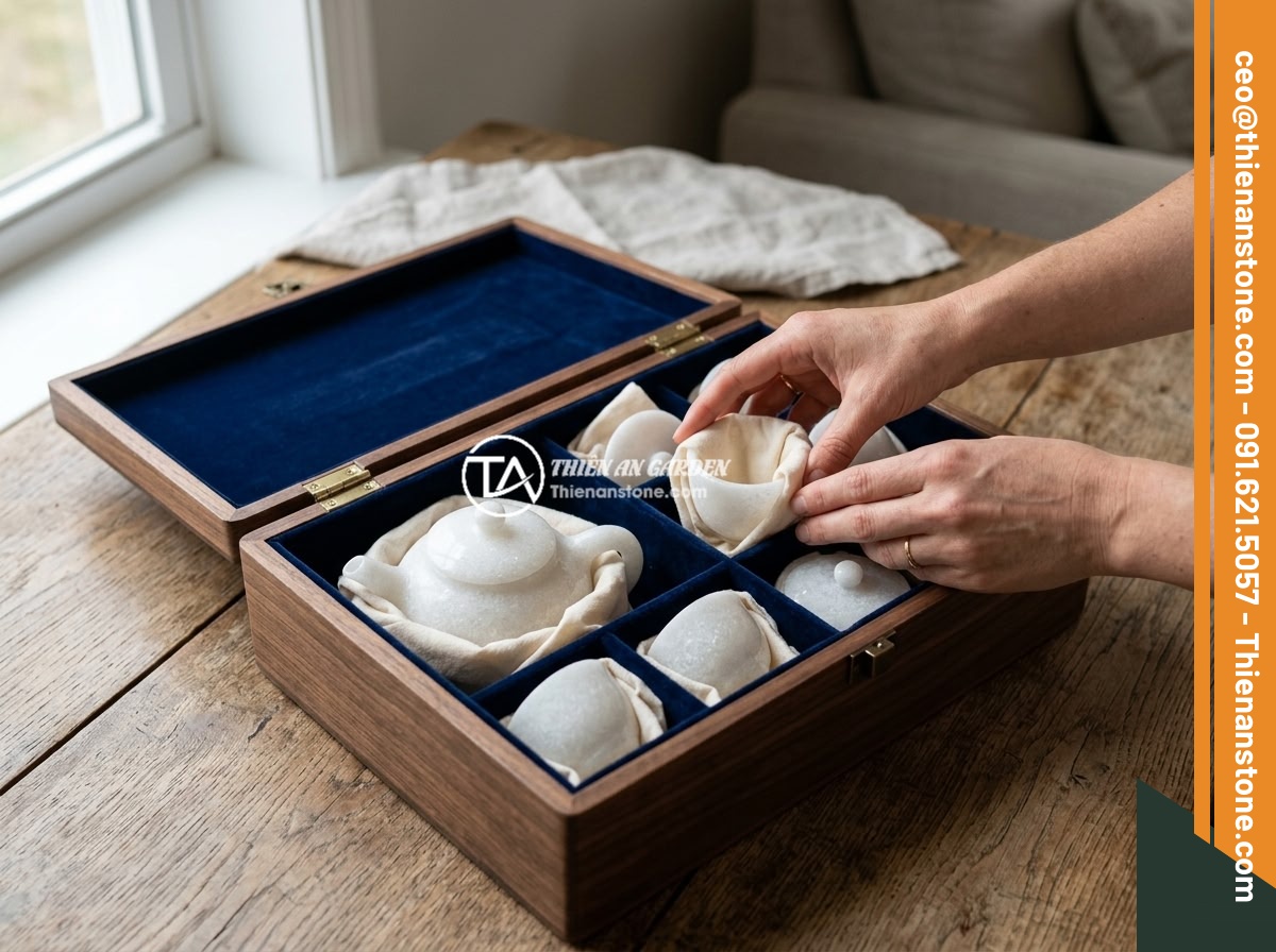 Cách phân biệt bộ ấm chén đá thật và hàng giả nhanh chóng tại nhà - A beautifully maintained natural stone tea set being carefully stored in a velve