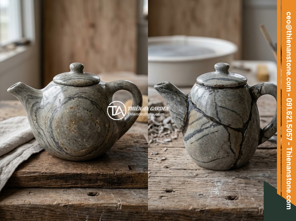 Cách phân biệt bộ ấm chén đá thật và hàng giả nhanh chóng tại nhà - Side by side comparison of a single-block carved natural stone teapot showing co