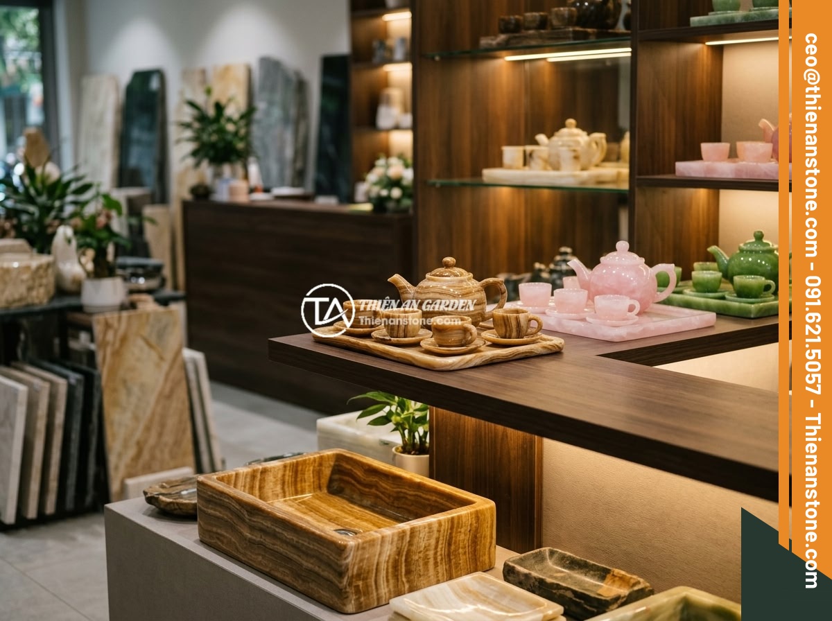 Cách phân biệt bộ ấm chén đá thật và hàng giả nhanh chóng tại nhà - An elegant showroom display of premium natural stone tea sets at a professional 