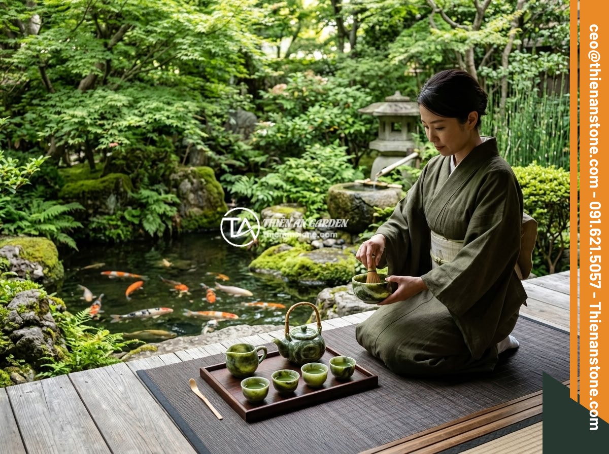 Cách phân biệt bộ ấm chén đá thật và hàng giả nhanh chóng tại nhà - A serene lifestyle scene showing a complete natural stone tea set being used for