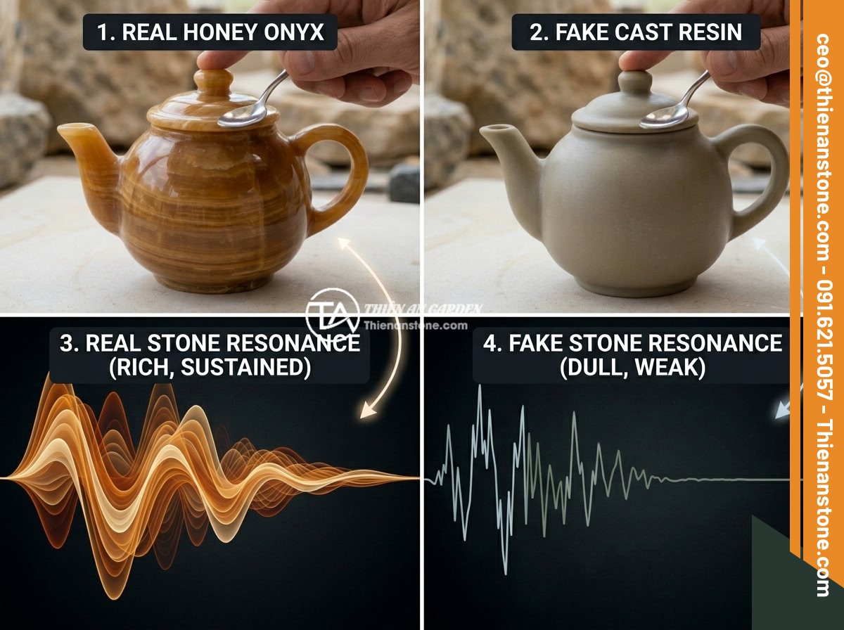 Cách phân biệt bộ ấm chén đá thật và hàng giả nhanh chóng tại nhà - A person gently tapping a natural stone teapot with a small metal spoon to test 